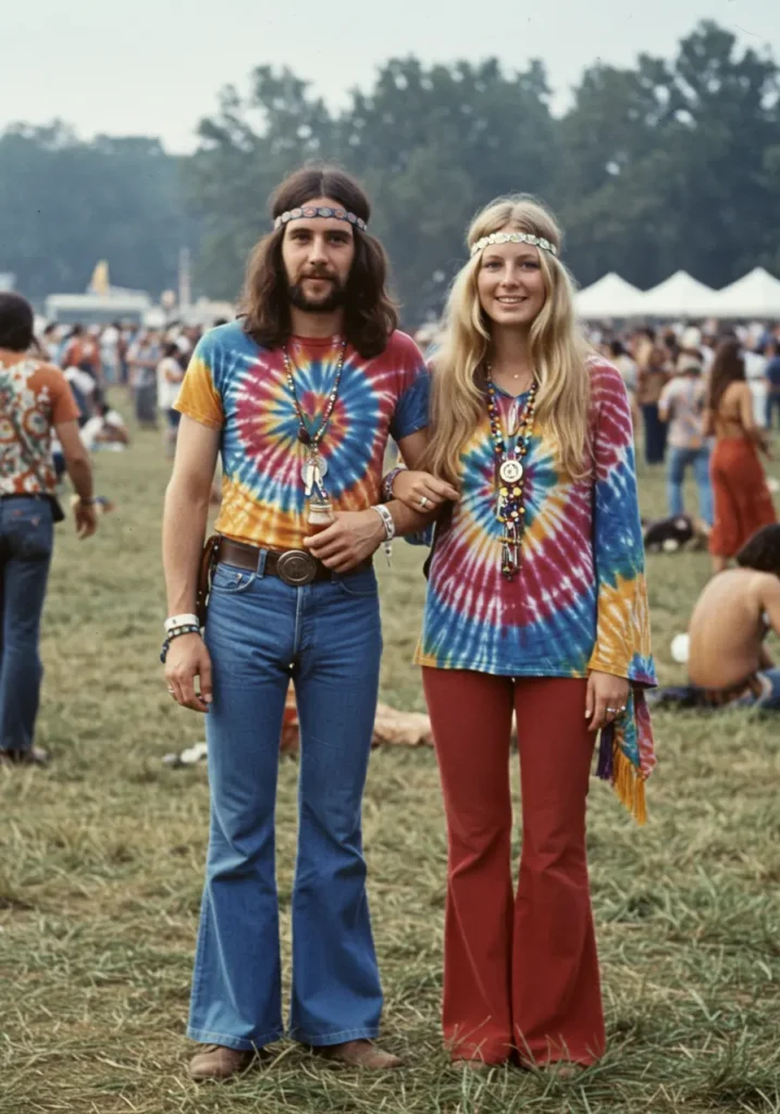 Embracing the Timeless Elegance: Exploring 60's Fashion Style for Women 14 a hippie couple dressed in tie dye shirts