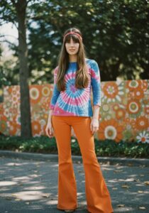 Embracing the Timeless Elegance: Exploring 60's Fashion Style for Women 8 a woman in a tie dye shirt with bell bottoms and a headband