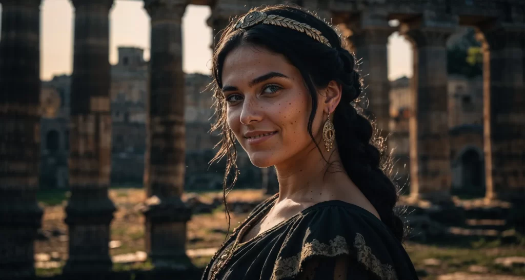 A smiling Roman woman with black ombre hair stands outdoors amidst ancient Roman ruins, wearing noble attire. She exudes confidence and elegance as she poses for the camera.