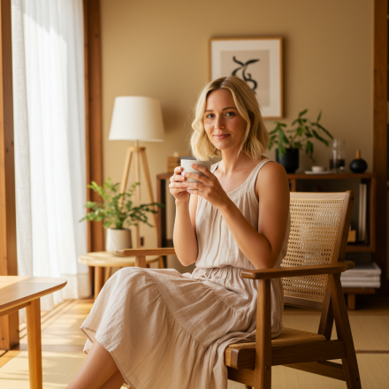 A blonde woman in a flowing, earthy-toned dress sips coffee on a minimalist chair. The room's serene decor reflects a Japandi aesthetic.