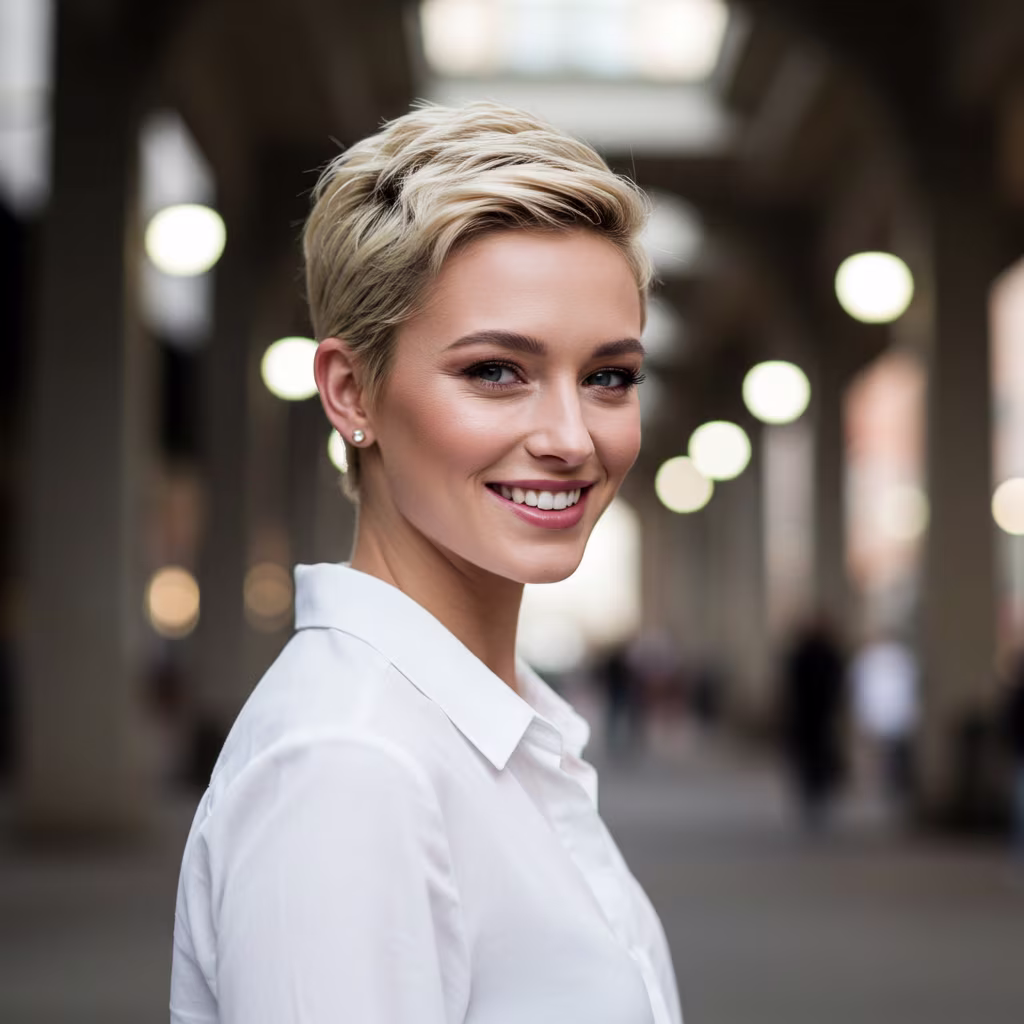Trendy Short Hairstyles for Women in 2025: Bold, Chic, and Effortless 6 a blonde confident woman with a sleek short pixie cut