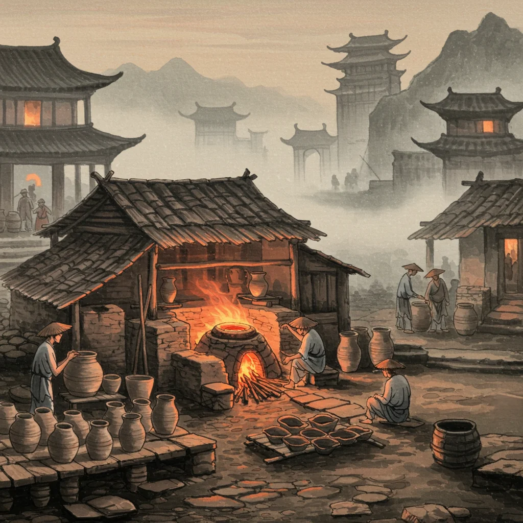 The Timeless Elegance of Chinese Porcelain: From Ancient Origins to Modern Masterpieces 6 a rustic ancient kiln glowing with fire